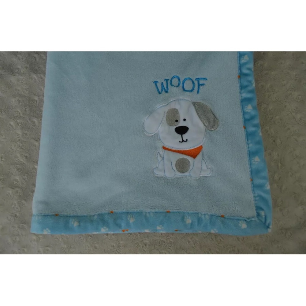 Bon Bebe Puppy Dog Woof Baby Blanket Blue White Orange Paw Prints Trim Lovey